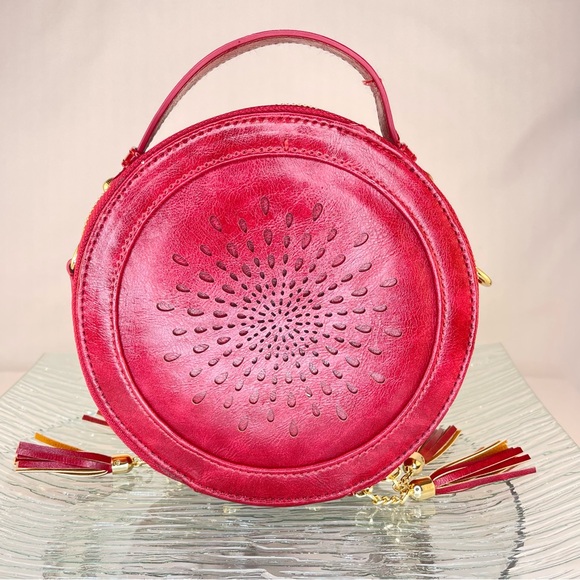 Aphison Handbags - Red Round Crossbody Bag Purse with Cutout Design & Tassel Detail